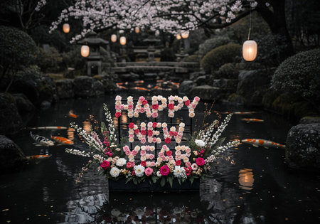 A beautifully decorated Happy New Year sign adorned with flowers and foliage, illuminated by soft lights in a garden setting. Creates a warm and inviting atmosphere.の素材