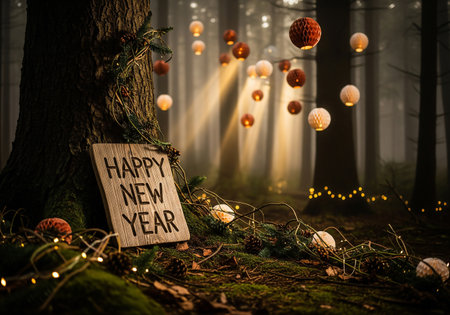 A whimsical New Years scene set in a forest, featuring glowing lights, festive decorations, and a Happy New Year sign. A magical and serene atmosphere.の素材
