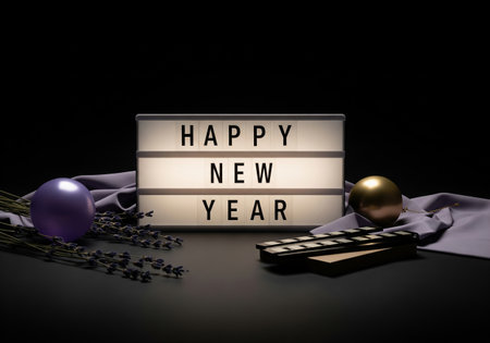 A warmly lit Happy New Year sign takes center stage, surrounded by celebratory decorations like confetti, ornaments, and ribbons, evoking a joyful atmosphere.の素材