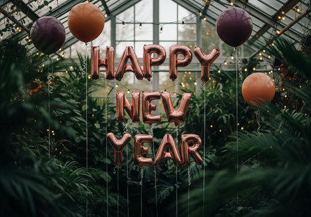 Rose gold foil balloons spelling Happy New Year are displayed amidst lush greenery within a glass greenhouse, creating a celebratory and elegant atmosphere.の素材