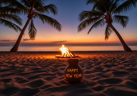 A serene beach scene with a bonfire, palm trees silhouetted against a vibrant sunset, and a decorative jar wishing Happy New Year.の素材
