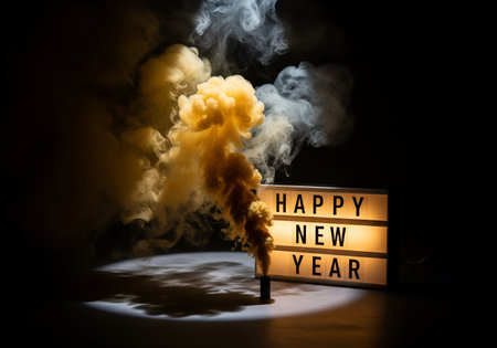 A vibrant Happy New Year light box stands prominently in a dark setting, accented by swirling orange and white smoke effects, creating a festive atmosphere.の素材