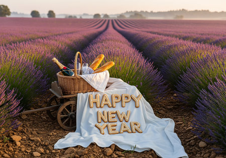 A picturesque New Years scene featuring a picnic basket in a vibrant lavender field, with a Happy New Year message. A serene and hopeful start to the year.の素材