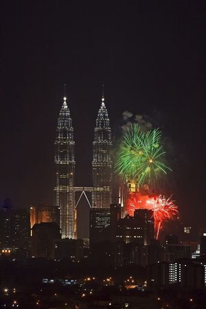 Fireworks at Petronas Twin Towers, Kuala Lumpur, Malaysia.