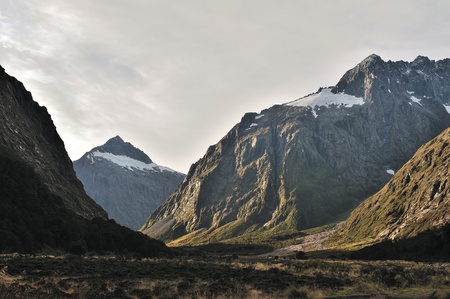 landscape of high mountain glacier at milford sound, New Zealandの写真素材