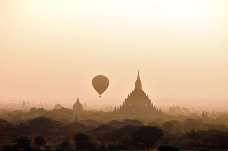 Sunrise over temples of Bagan in Myanmarの写真素材
