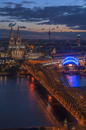 Bridge and the Dom of Cologne at night. Cologne, Germanyの写真素材