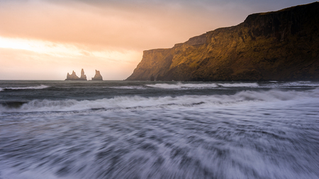 Famous Reynisdrangar rock and black sand beach in Vik, Southern Icelandの写真素材