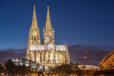 Bridge and the Dom of Cologne at night. Cologne, Germanyの写真素材