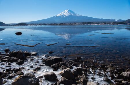 Kawaguchiko lake and mt.Fuji in wintwer seasonの写真素材
