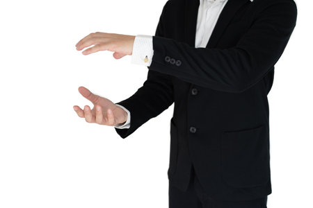 Businees man with hand action isolate on whiteの写真素材