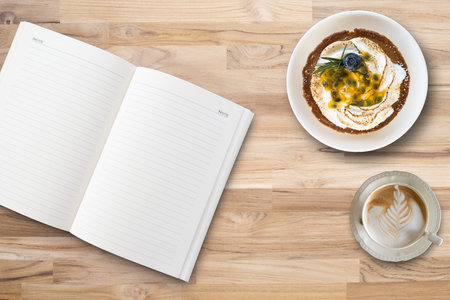 Relax time with sweet dessert and coffee on the tableの写真素材