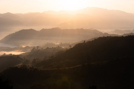 Mountian range landscape look from view point of Montawan Mountain in Tak province, Thailandの写真素材