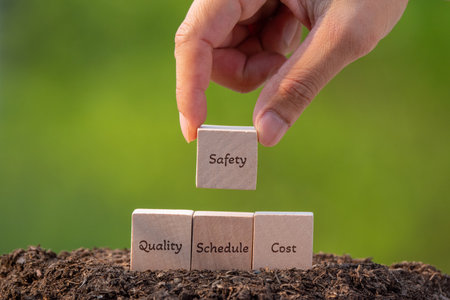 Safety first concept wooden block arrange by handの写真素材