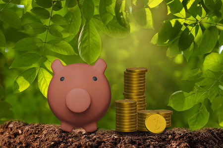 Red cute piggy bank and coinsの写真素材