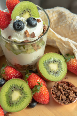 The Homemade baked granola berry fruit yogurtの写真素材