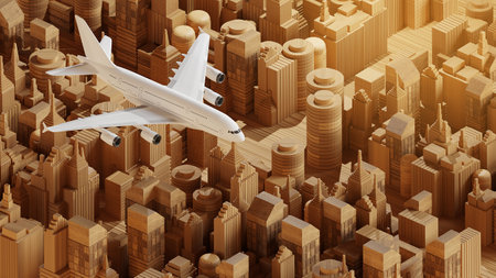 3D render wooden cityscape concept with air plane above city.の写真素材