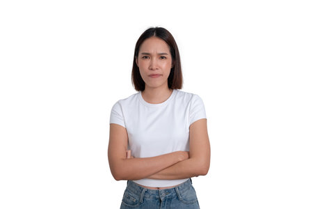 A portrait of young female wear white t-shirt cross her arm