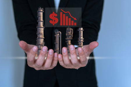 Business man with floating icon show downtrend of petrochemical industrial.の写真素材