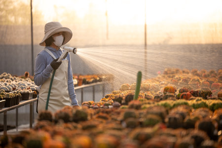 The girl are watering cactus in cactus garden house