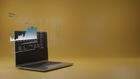 Laptop with candle stick floating on screen show uptrend of investiment growth