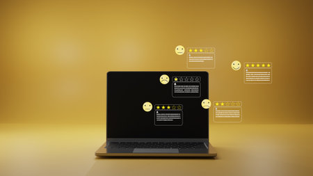 Laptop with evaluate customer satisfaction floating on screenの写真素材