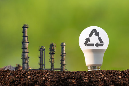 Light bulbs and recycling symbols with factories represent coexistence and reuse.の写真素材