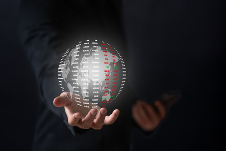 The businessman with floating icon shows downtrend of investment stockの写真素材