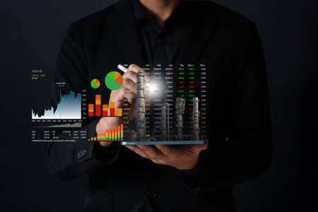 Business man with floating icon show uptrend of petrochemical industrial.の写真素材