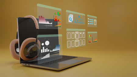 The laptop with digital data floating on screen, show concept besiness growth.