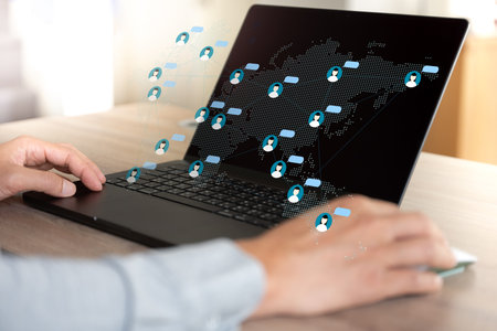 Business man show floating screen of people are connecting around the world together with digital...