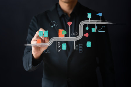 The businees man draw business roadmap and milestone to achieve mission and goalの写真素材