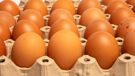 Raw eggs arranged on a paper box on a white background.