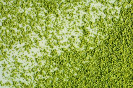 The powder of matcha splash isolate on pastel green background, high quality image