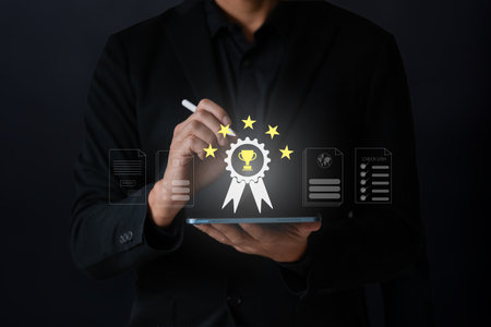 The business man work to seek ribbon reward in success business floating on screen.の写真素材