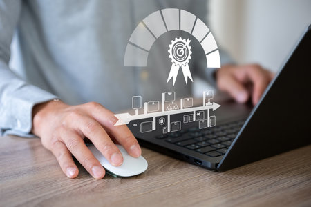 Business man work with laptop seek timeline and target goal floating on screen