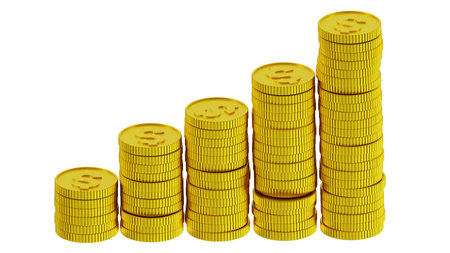 3D render image of dollar coin in gold material stacking symbol of revenue growth isolate on white