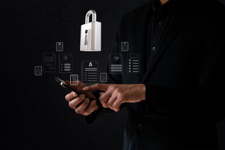 Business man work with laptop seek data folder are locking icon floating on screen