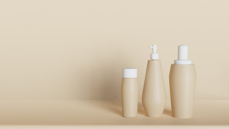 The cosmetic bottle and jar mockup. bottles of shampoo or body oil of serum stand next to each other in front view.の写真素材