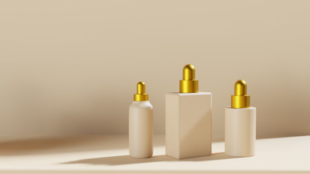 The cosmetic bottle and jar mockup. bottles of shampoo or body oil of serum stand next to each other in front view.の写真素材
