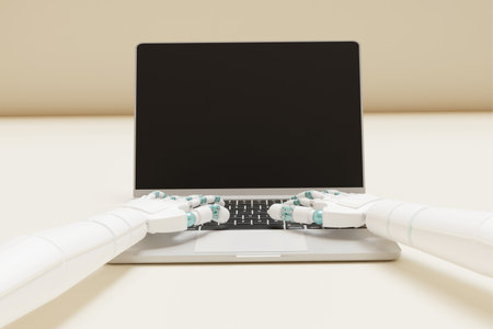 Image shows an AI robotic arm using laptop help in business