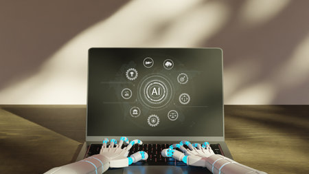 A Business man using AI robots to help analyze and increase efficiency in businessの写真素材