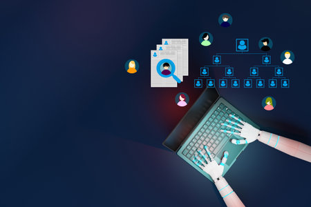 Business man work  seek data to find a new job icon are floating on screenの写真素材