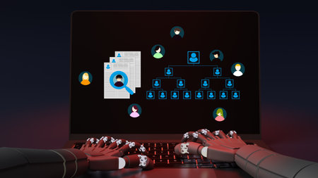 Business man work  seek data to find a new job icon are floating on screenの写真素材