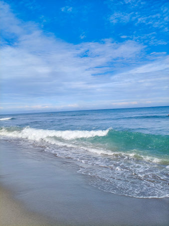 Beautiful tropical beach with blue sky and white clouds. Nature backgroundの写真素材