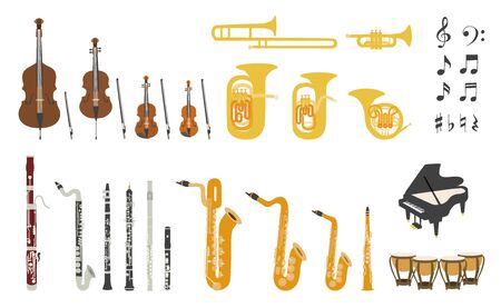 Set of vector modern flat design musical instruments. A group of orchestra instruments . Flat illustrations of musical instruments isolated on white background. のイラスト素材