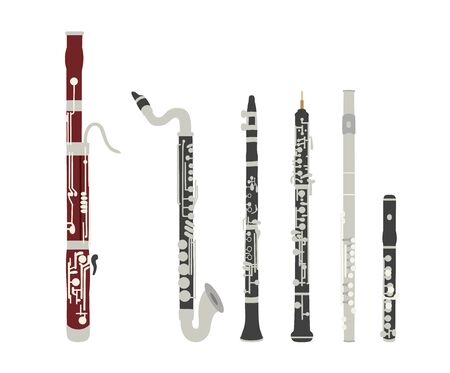 Set of vector modern flat design musical instruments. Woodwind musical instruments.  Illustration of musical instruments isolated on white background. のイラスト素材