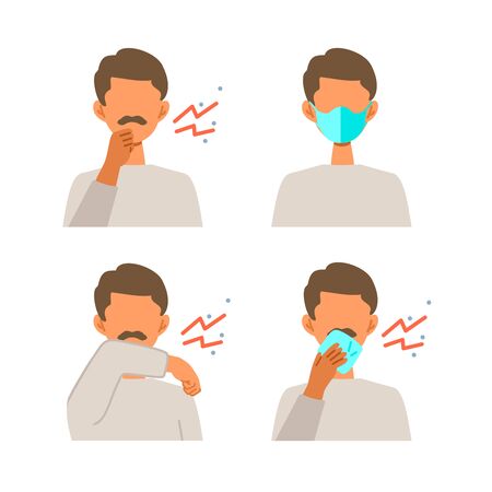 Vector illustration of muslim man infected with the virus. Set of illustrations for the topic of coronavirus, flu and cold.のイラスト素材