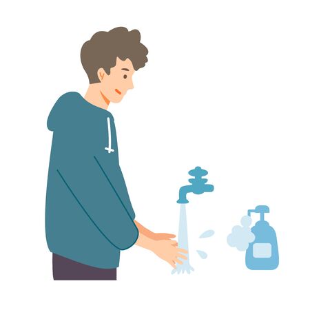 Vector illustration of people combating the coronavirus. New norms for prevent the spread of COVID-19. Washing hands with soap.のイラスト素材