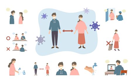 Vector illustration of people combating the coronavirus. New norms for prevent the spread of COVID-19.のイラスト素材